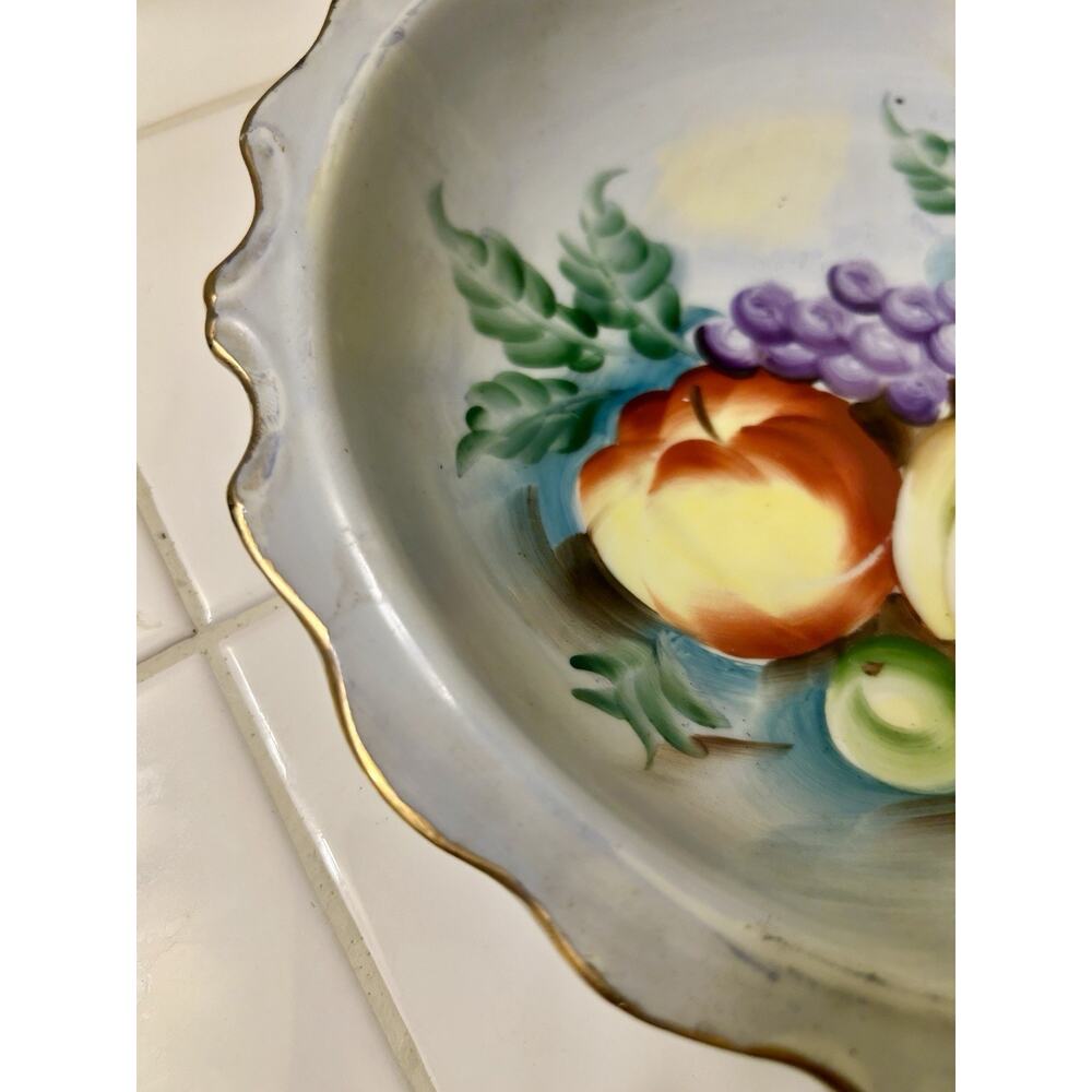 Vintage Hand Painted Plate "Mixed Fruit" Blue With Scalloped Edge & Gold Trim 9” - Picture 3 of 8